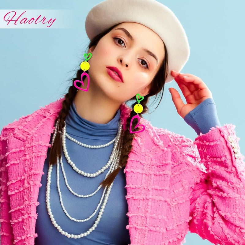 HOLYRY Neon Heart Earrings for Women Acrylic Neon Earrings 80s 90s Outfit for Women Glow Party Accessories Gifts Hot Pink Orange Green Yellow - Image 3